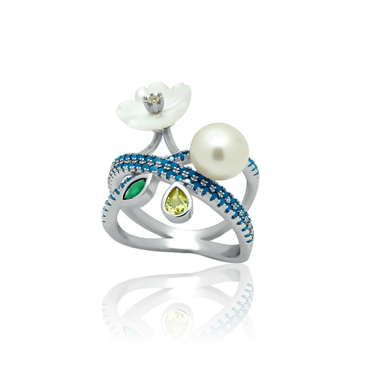 Silver ring Pearl flower