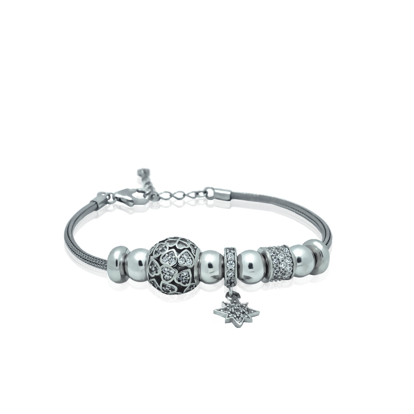 Silver Charm Bracelet Glittering Hearts