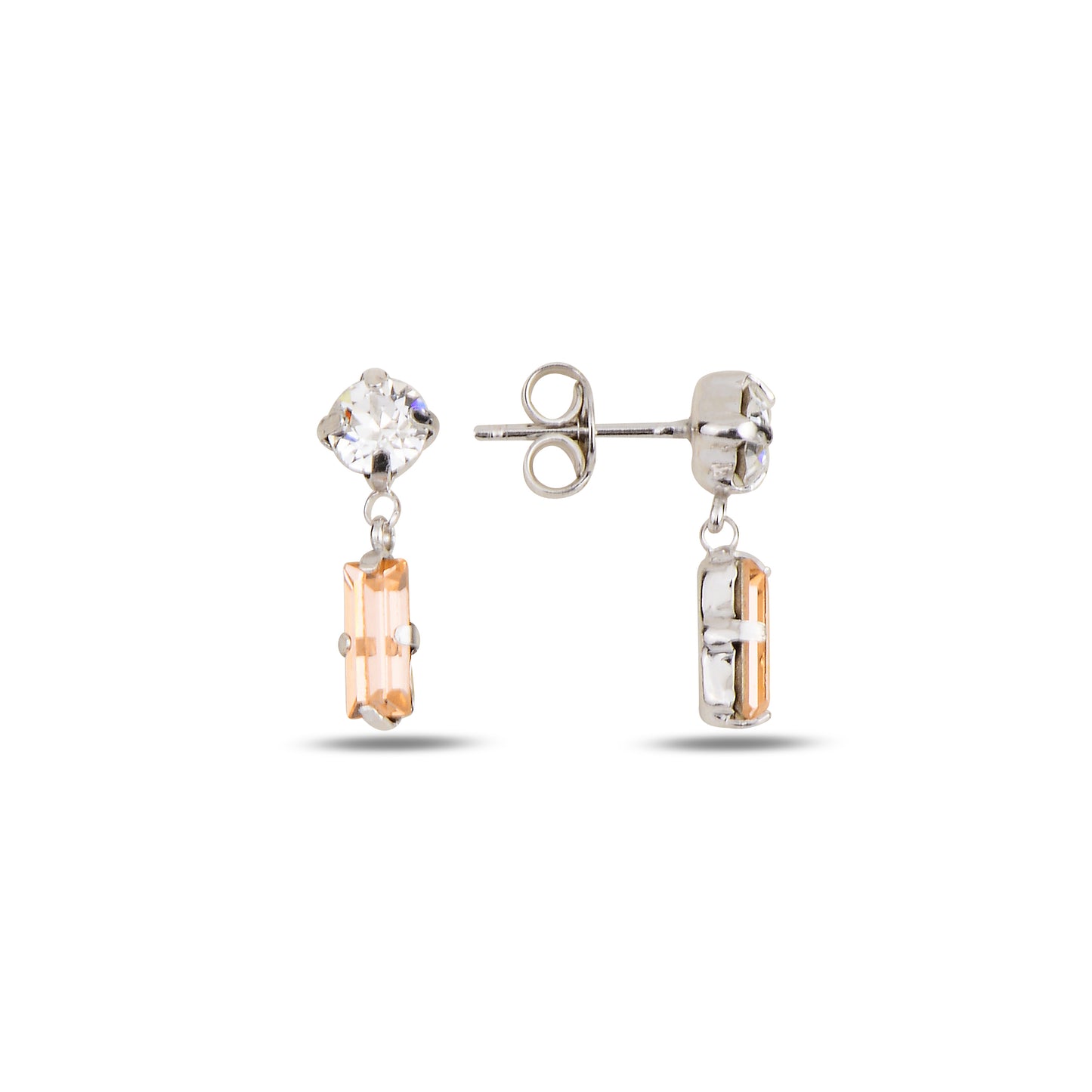 Swarovski SPES Baguette silver earrings with white rhodium and peach crystal