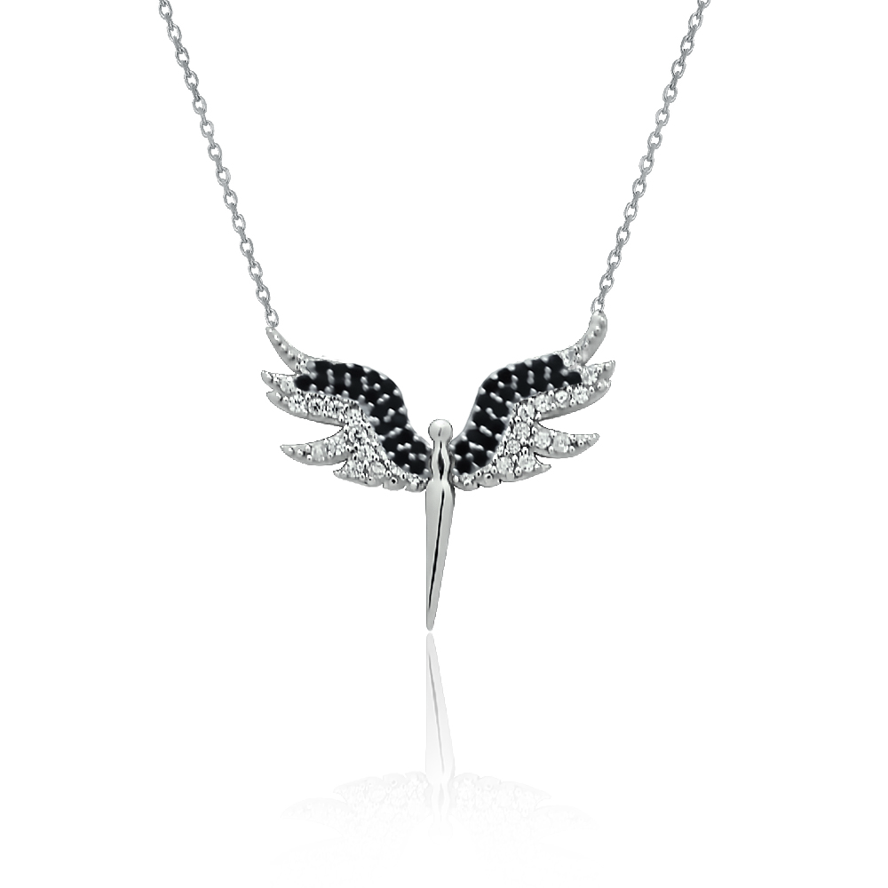 Silver Phoenix necklace with white and black stones