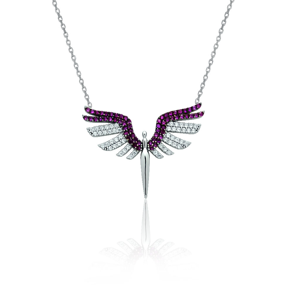 Silver Phoenix necklace with white and purple stones