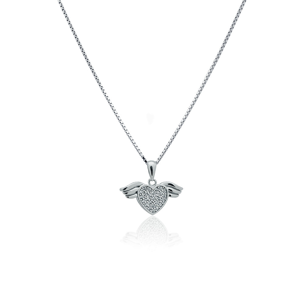 Winged heart silver necklace